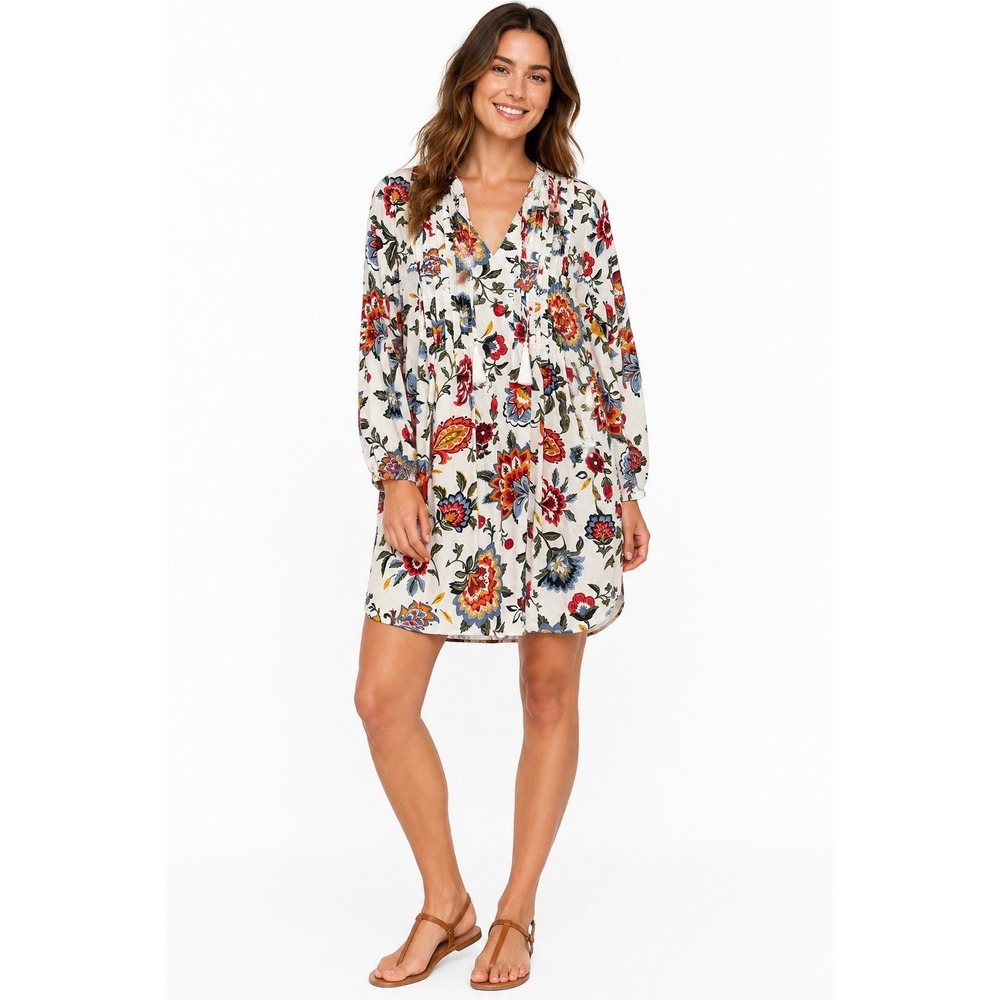 Old Navy Floral Boho Peasant Tunic Dress Medium White Long Sleeve Tassel Tie